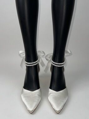 Satin Pointed-Toe White Bridal Heels with Pearl Ankle Straps
